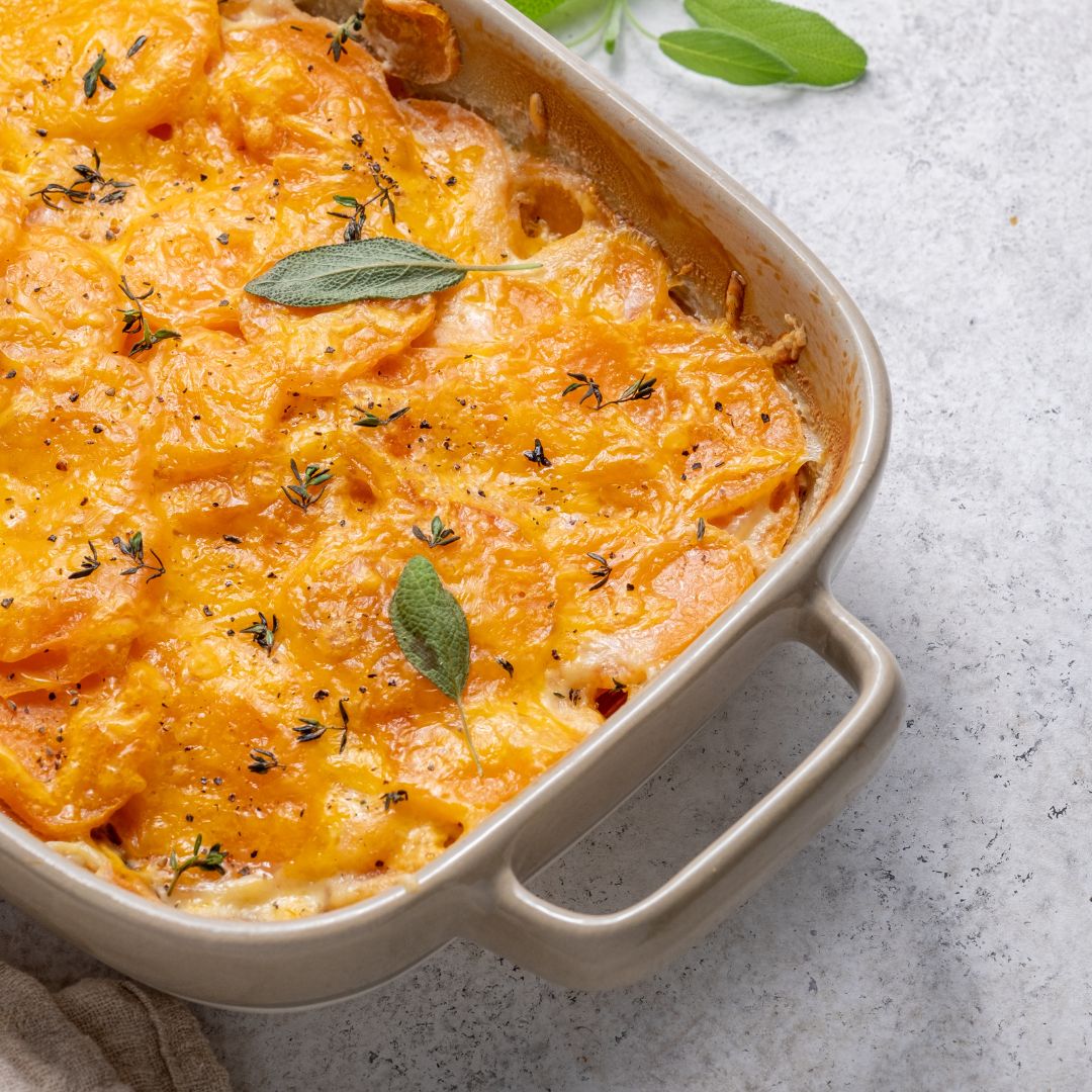 Gratin automnal de patate douce, butternut, chèvre