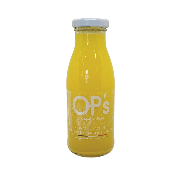 Jus OP's jaune (25cl) - Ananas pain de sucre, citron vert, infusion de fleurs de sureau et curcuma Bio